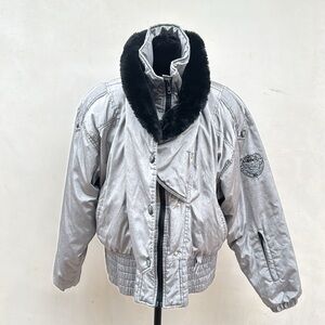 Vintage ski NILS 80s 90s Silver Shimmer Jacket Black Faux Fur Goose Down Puffer